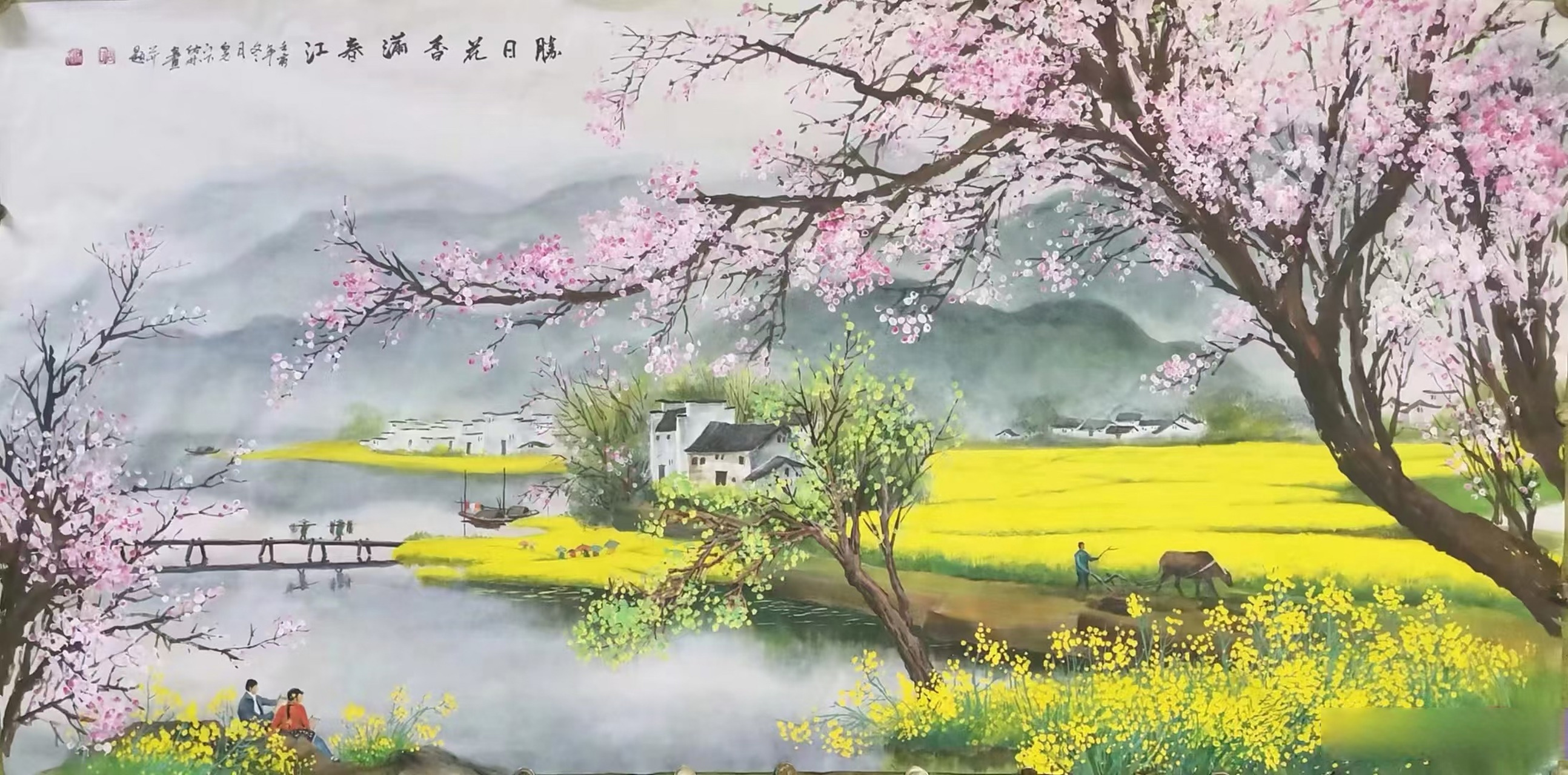 周佑林老师作品利用油菜花的黄色,桃花的粉红色来提升画面视觉感受