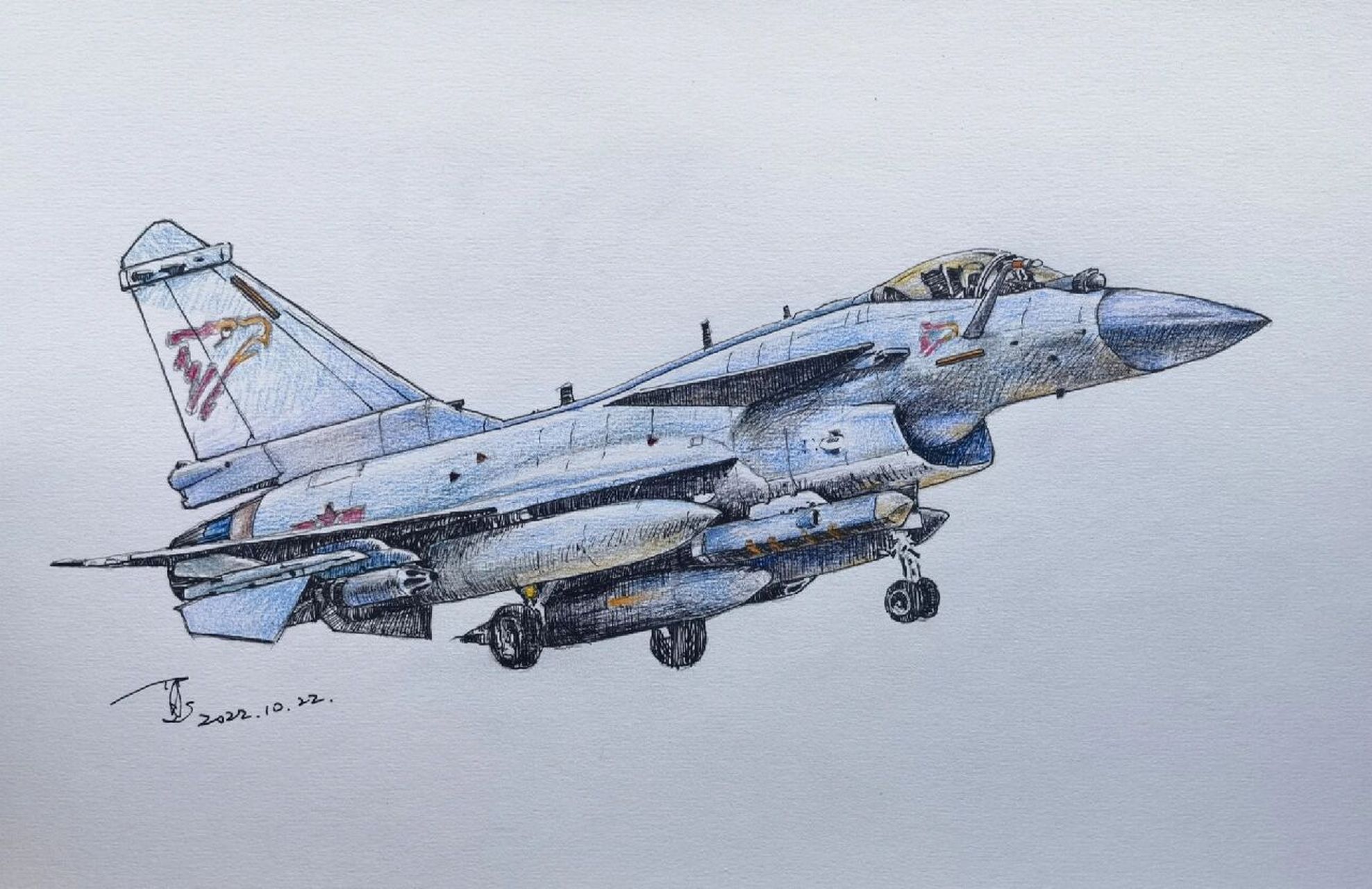 钢笔彩铅手绘歼十c战机,第一次画飞机 天朝当家中型先进战机歼十c,装