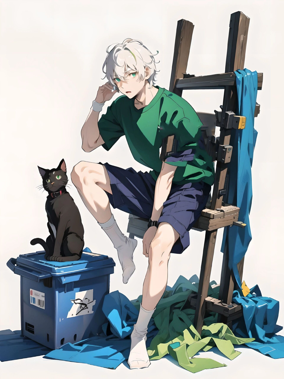 少年与猫与白袜丨绿色系少年                  图片由mewxai生成