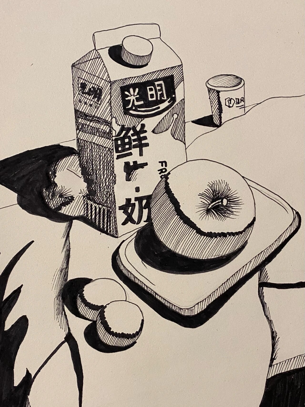 线描《牛奶盒静物组合照片写生