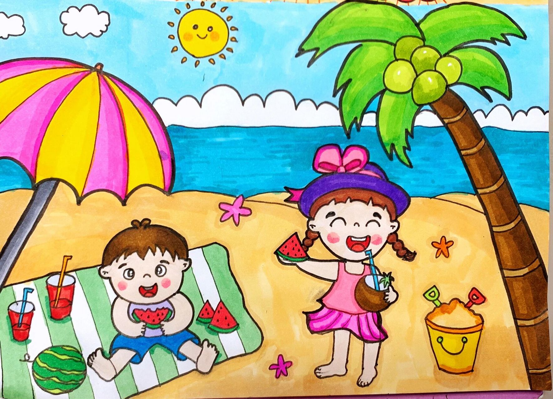 海边沙滩儿童画一等奖图片
