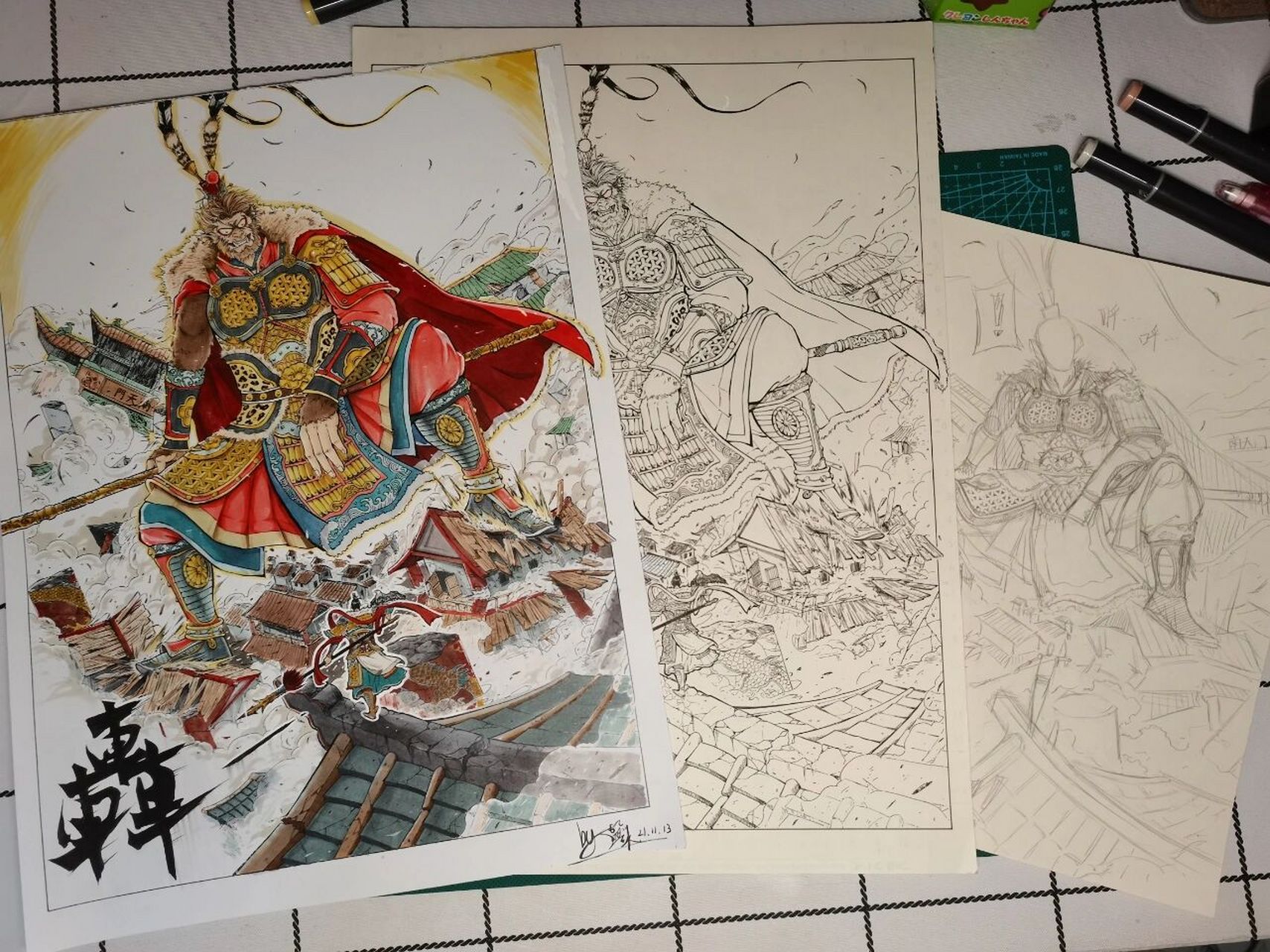原创马克笔手绘《大闹天宫系列》之二郎神    孙悟空大战二郎神的试色