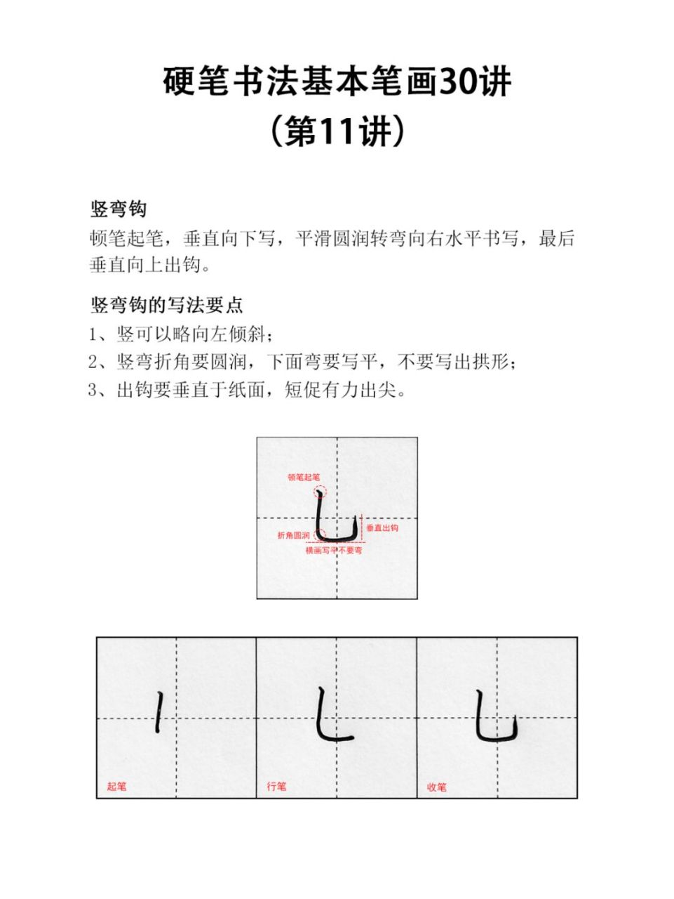 硬笔书法基本笔画30讲(第11讲) 竖弯钩的写法要点: 1,竖可以略向左