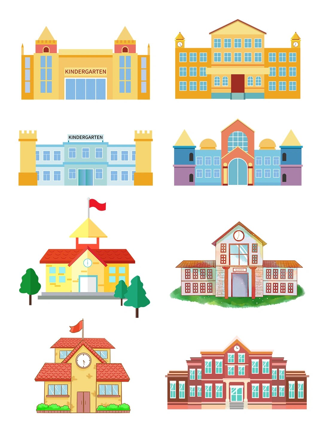 免扣元素 今日带来一组卡通学校建筑,简单的色块,更能体现