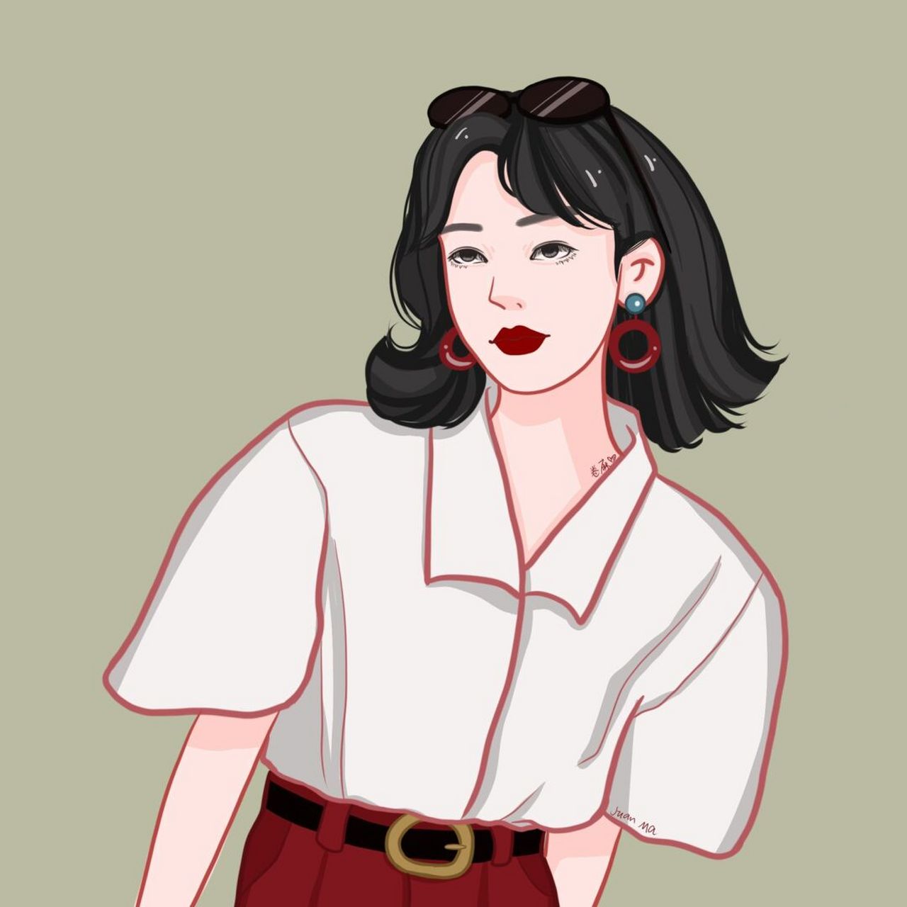 插画 | 头像 | 98复古港风头像 白色衬衫77红色裤子77墨镜,又酷