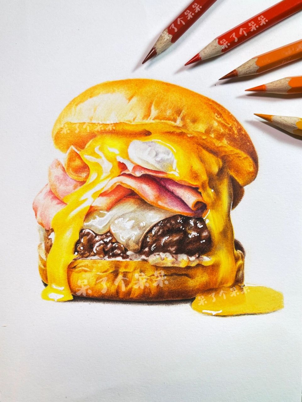 彩铅|流心汉堡(步骤图) 这应该妥妥的热量炸弹吧一口爆浆 每次录视频