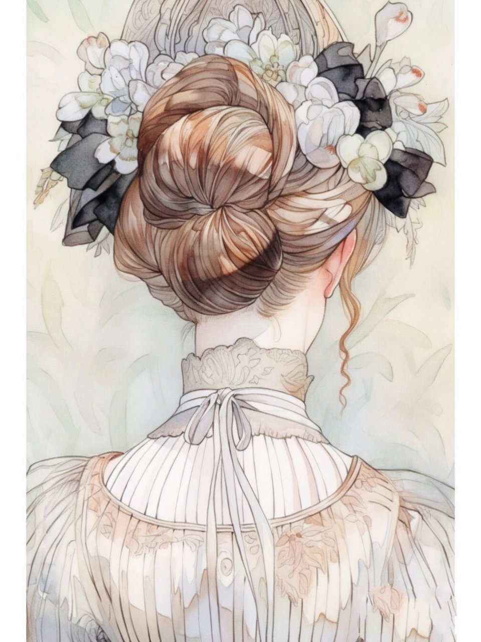 背影 盘起发髻,戴上花朵与珍珠,温婉动人✨ 	 niji v5 s25 跑的水彩