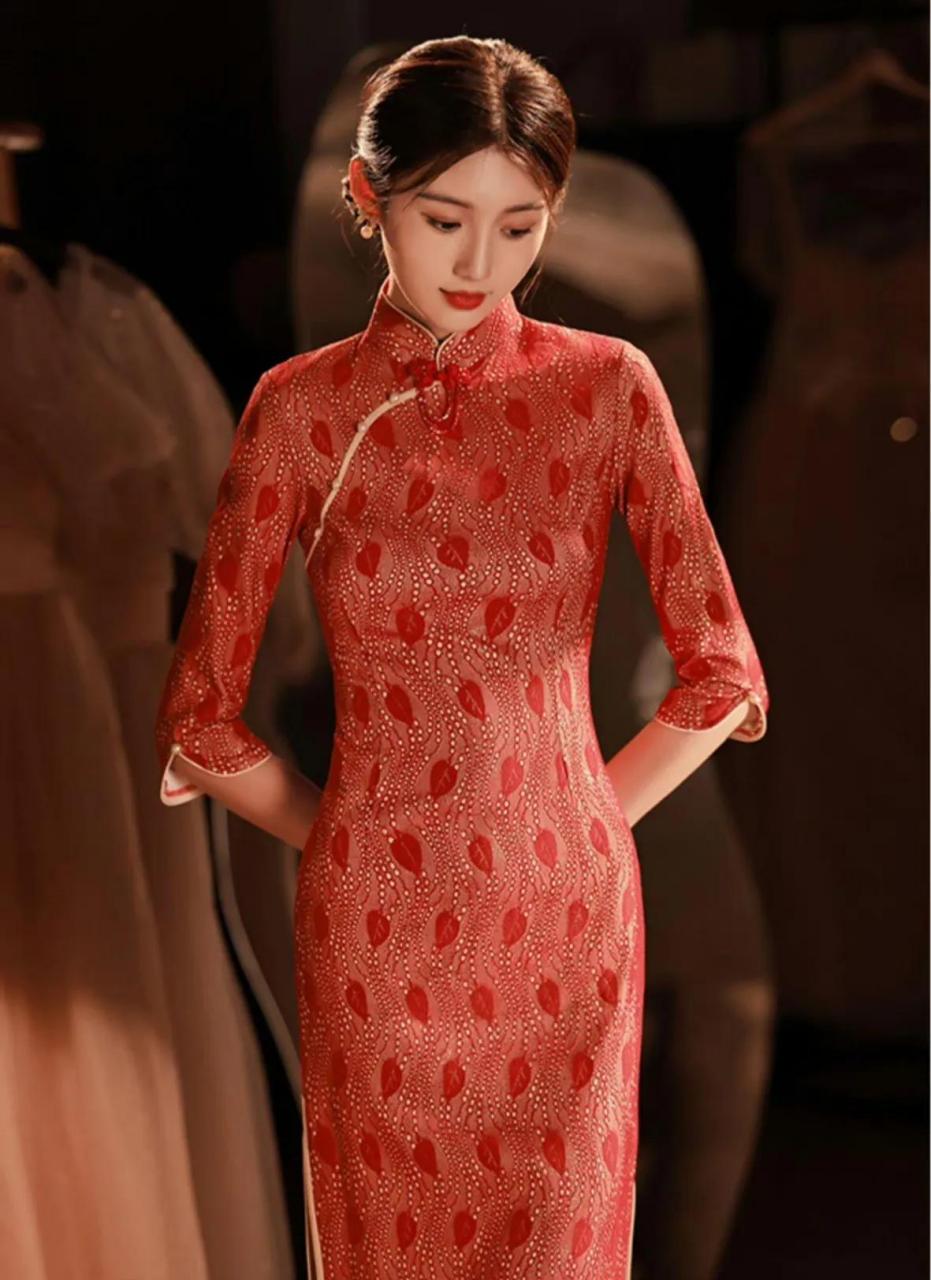 aiximin | 敬酒服新娘旗袍,长袖订婚连衣裙,中式礼服秋季复古气质高端