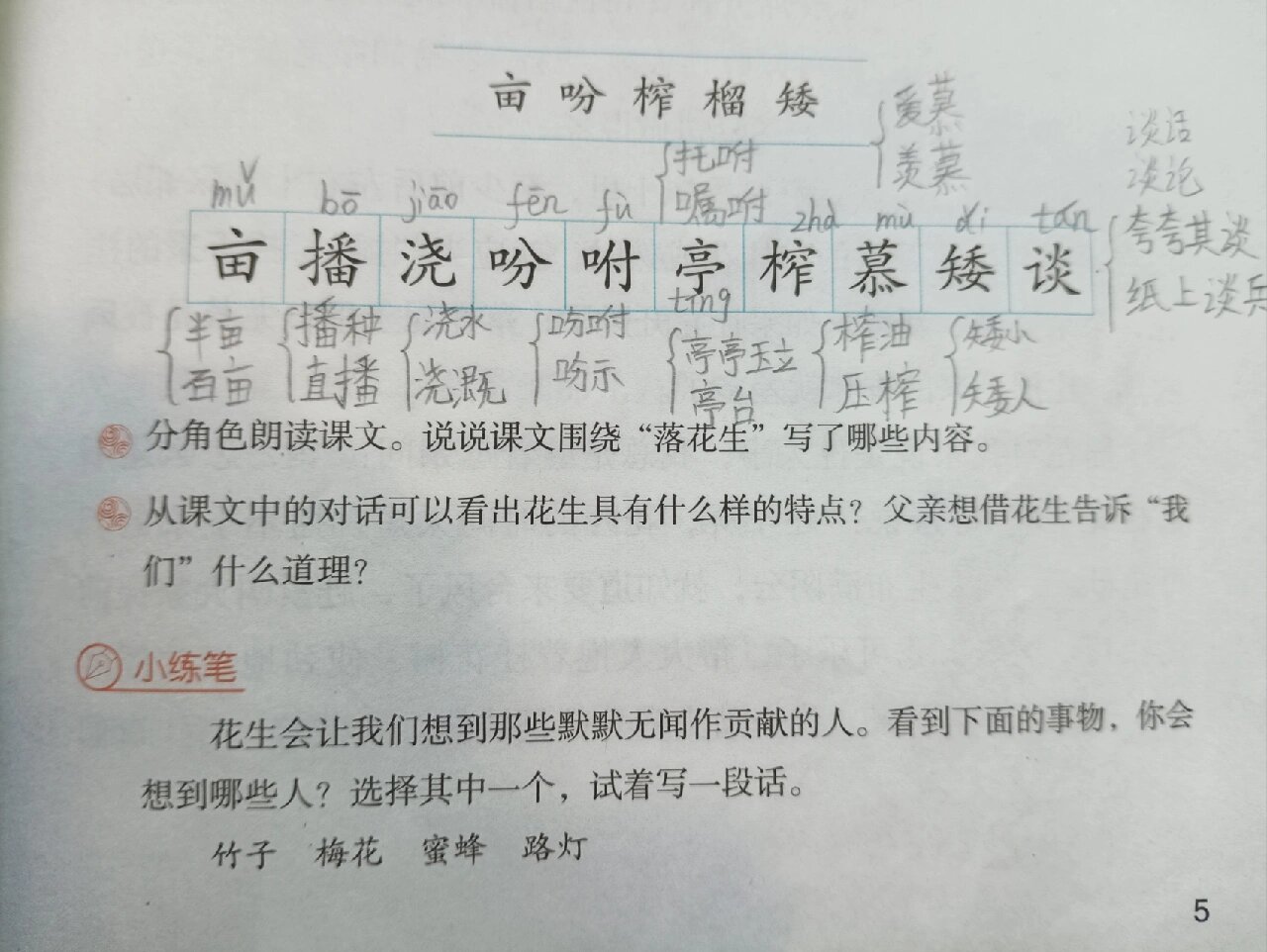 五年级上语文第二课落花生预习生字拼音组词