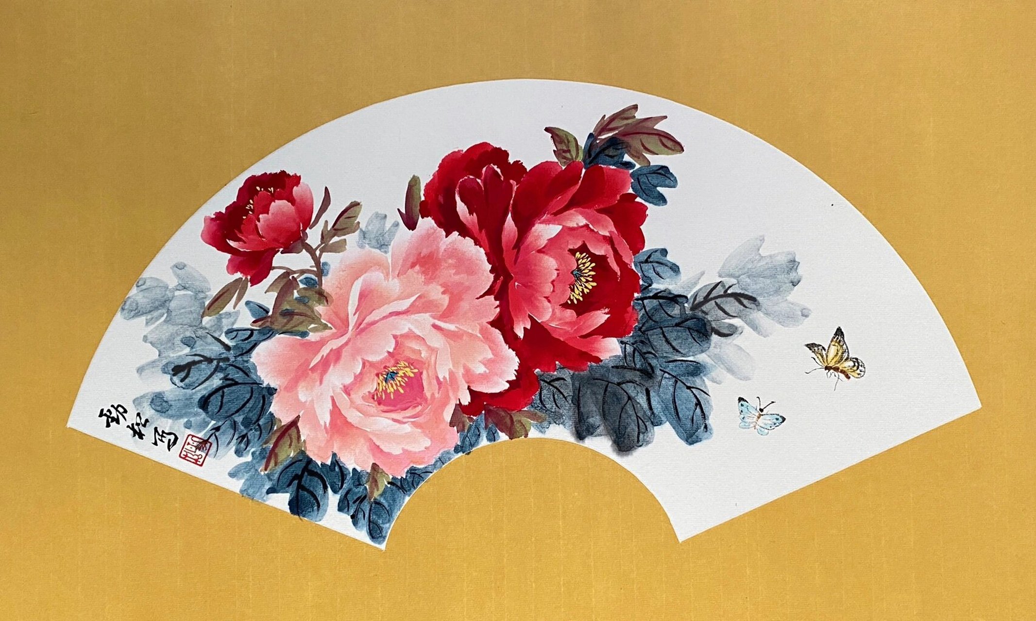 国画写意|牡丹花(扇形) 尺寸:30*50cm 材质:卡纸(内白外仿古) 扇形挂