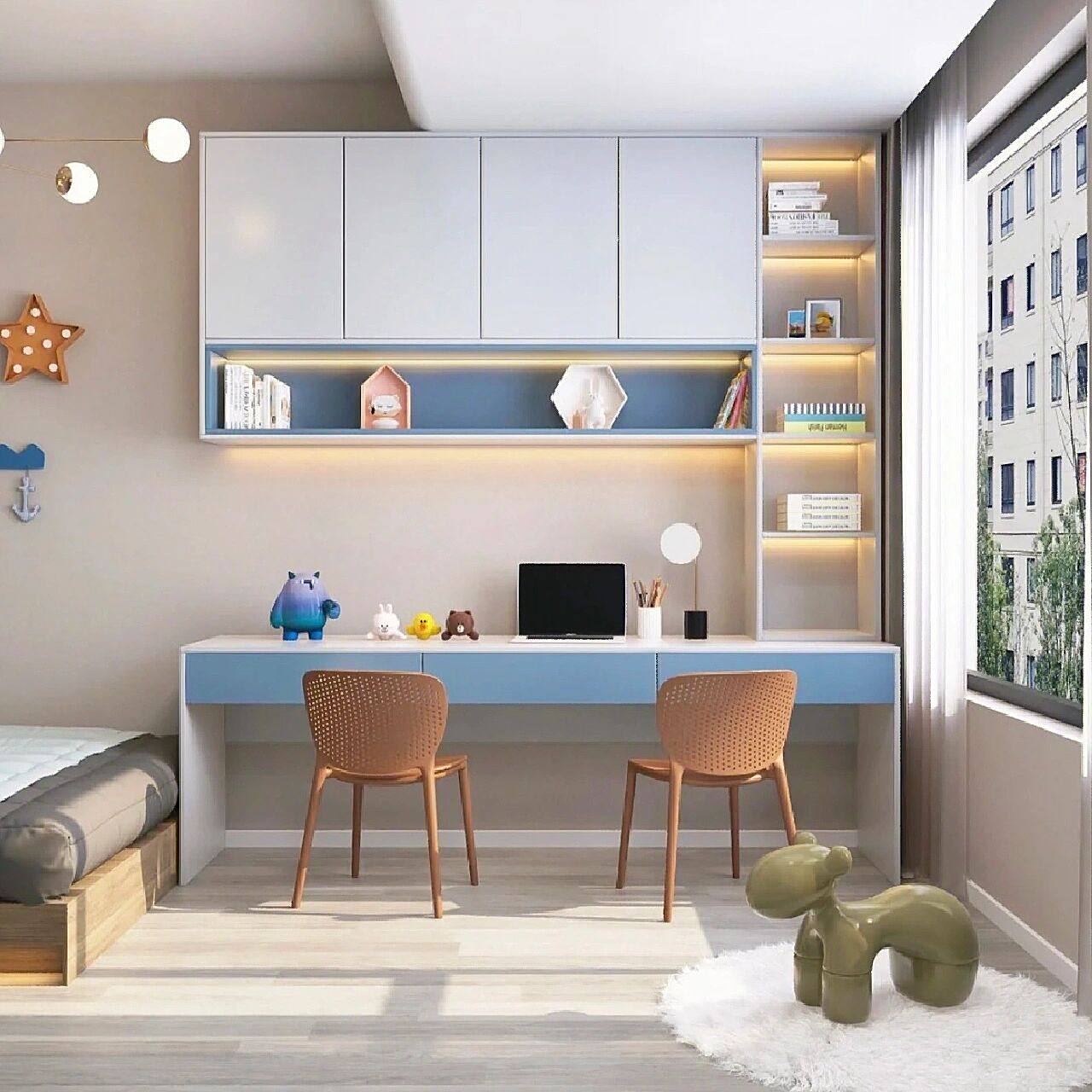 清新系的儿童房书桌书柜一体化设计,太舒服了简直是梦中的童话书屋