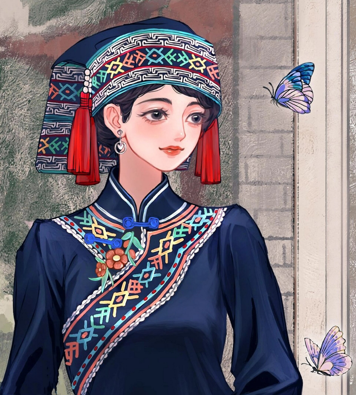(民族风情插画)仫佬族姑娘 温柔美丽的仫佬族姑娘| "你是花丛中的蝴蝶