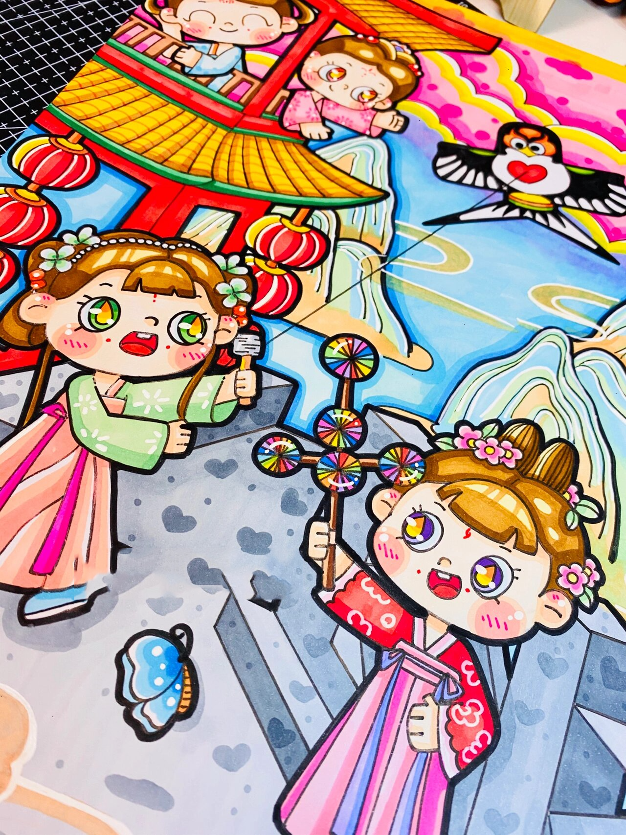 原创幼教考编主题画 四季主题《放纸鸢》