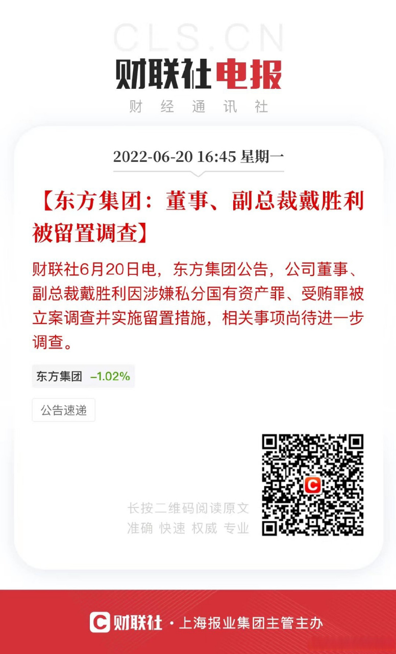 【东方集团:董事,副总裁戴胜利被留置调查】财联社6月20日电,东方集团