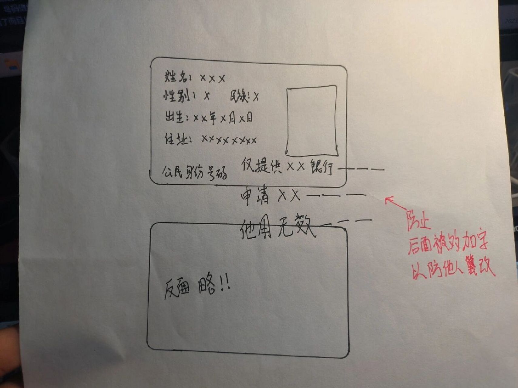 如何防止身份证复印件被再次使用 1:写在边框内但不能盖住字,如果写在