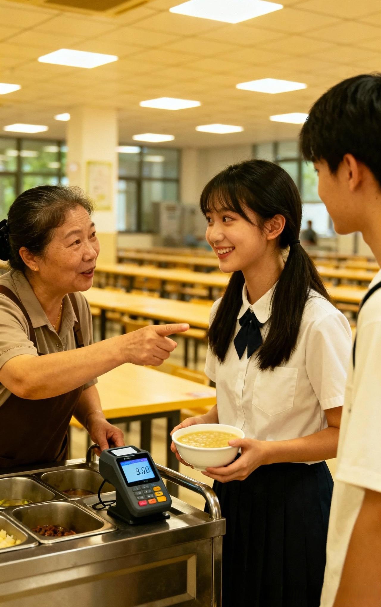 在食堂买粥旁边一个女生说要小米粥结果阿姨给打了两份的钱女生刷