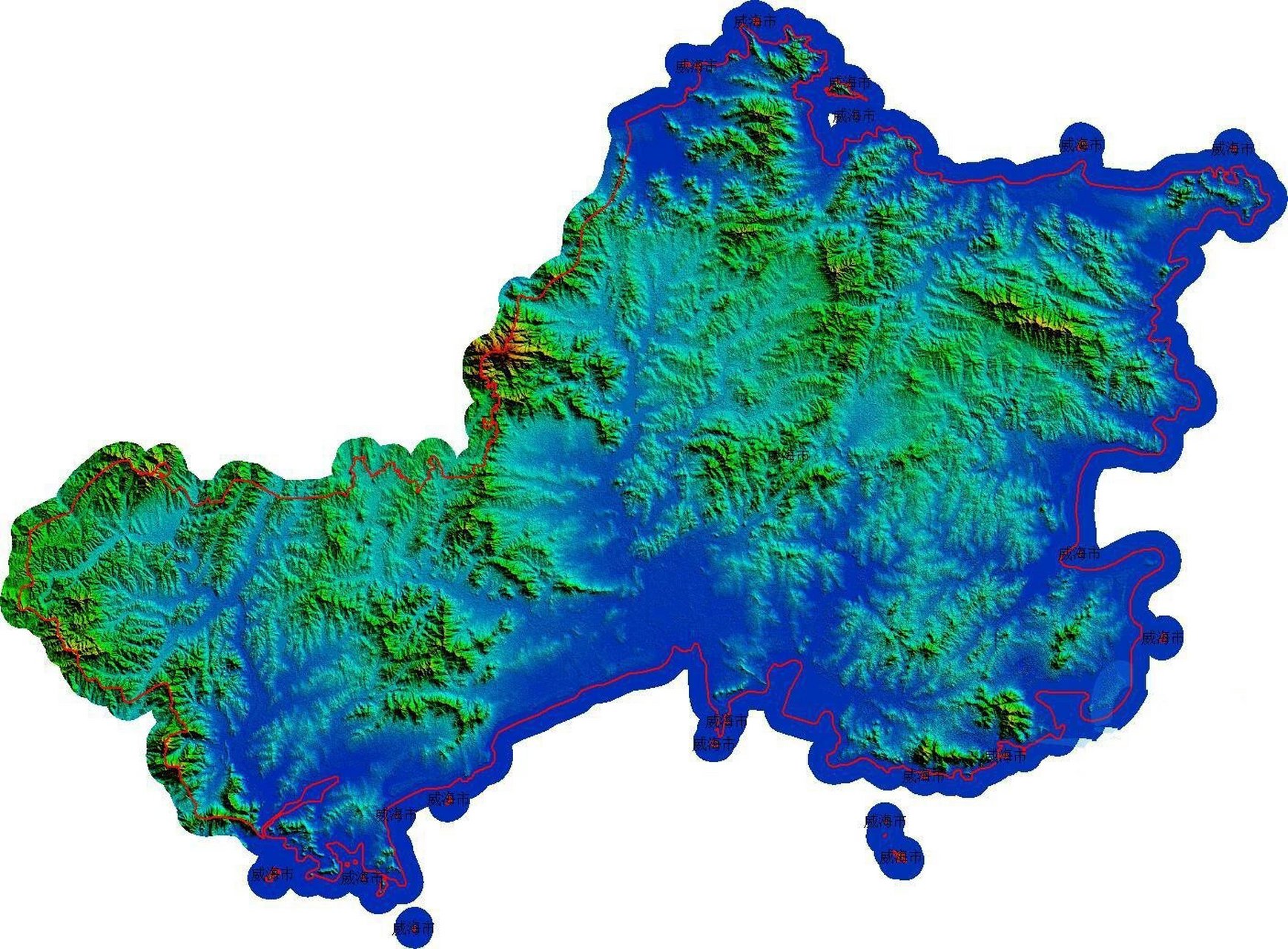 威海市地形图 威海市位于山东省东部,北,东,南三面临黄海,明代,为防