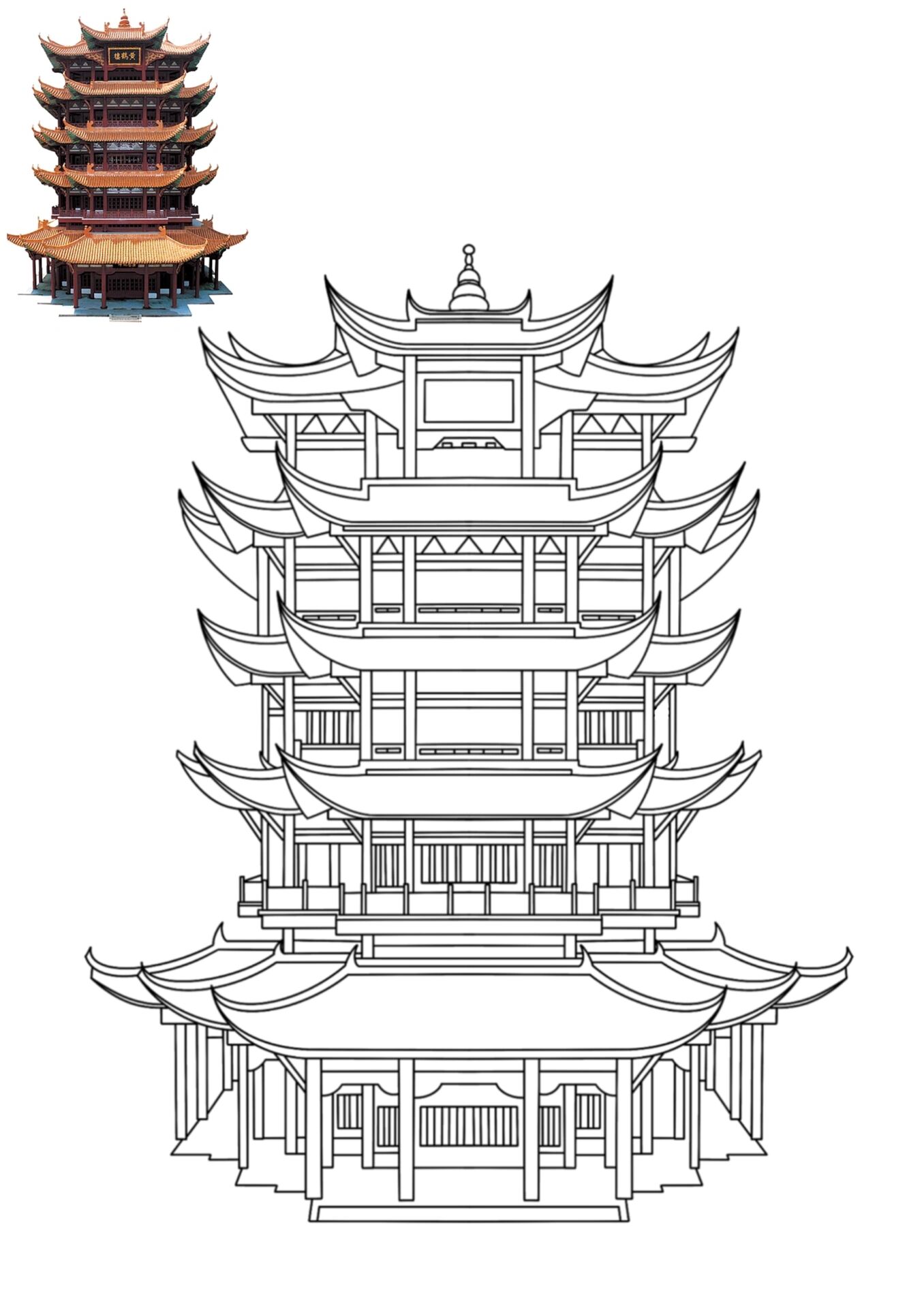 建筑插画线稿|黄鹤楼