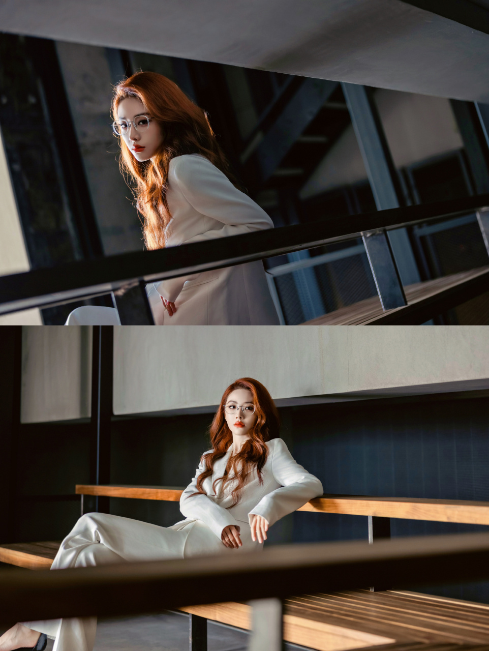 喻言银丝眼镜写真大片,红色卷发,纯白色西装搭配金丝眼镜,知性的御姐