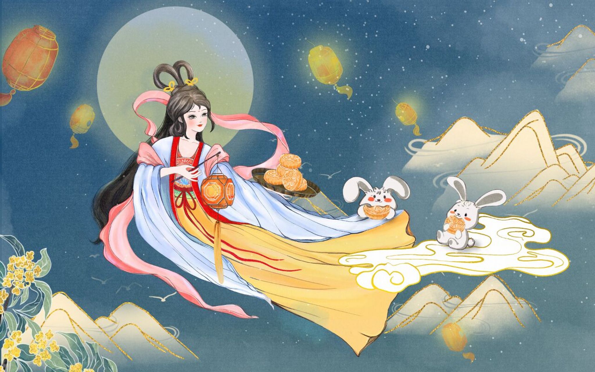 国风中秋节插画|嫦娥奔月素材分享 宝子们,还有几天中秋节就到了 有没