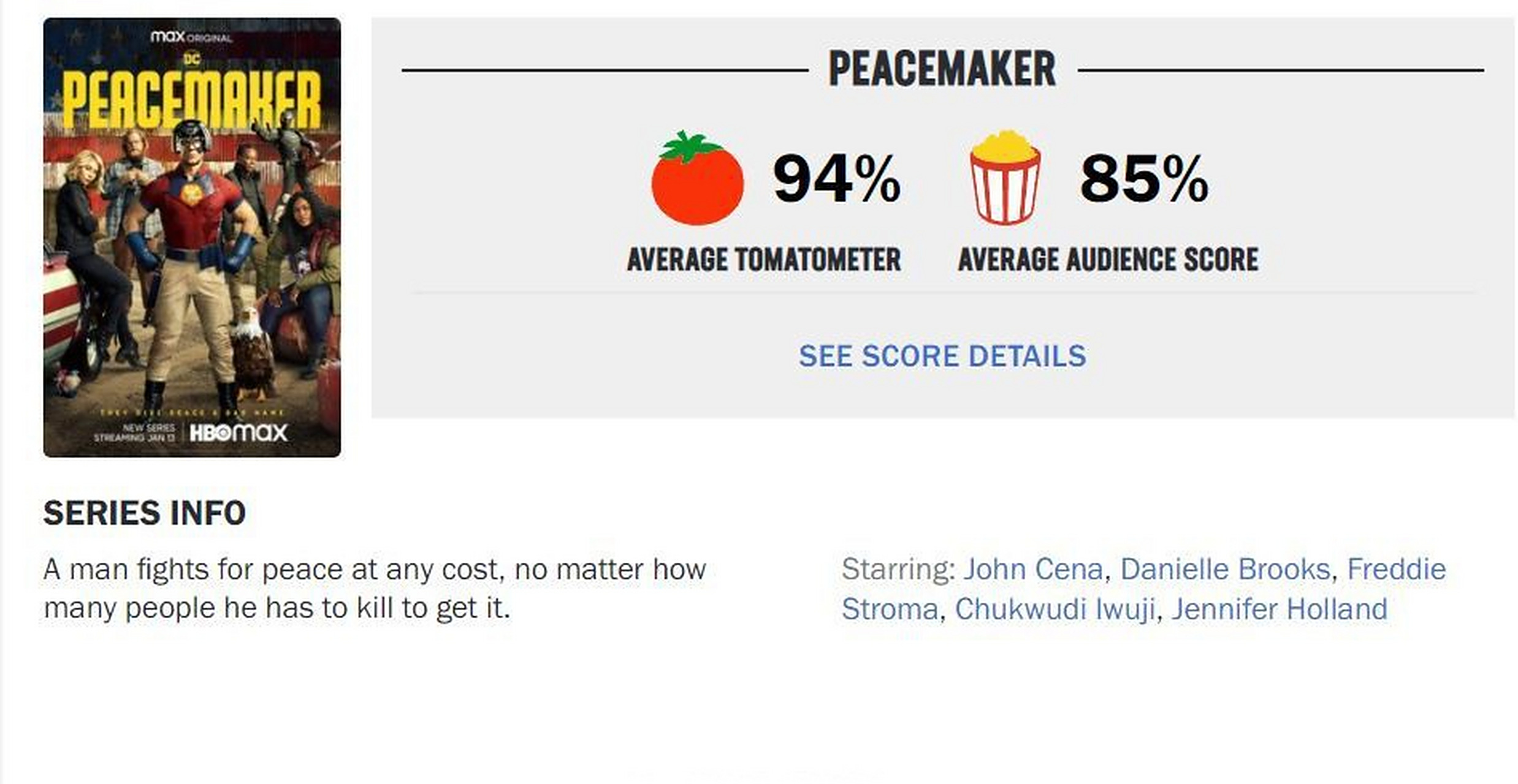 dc剧集《和平使者》目前在烂番茄网站上的新鲜度为94%,爆米花指数为85