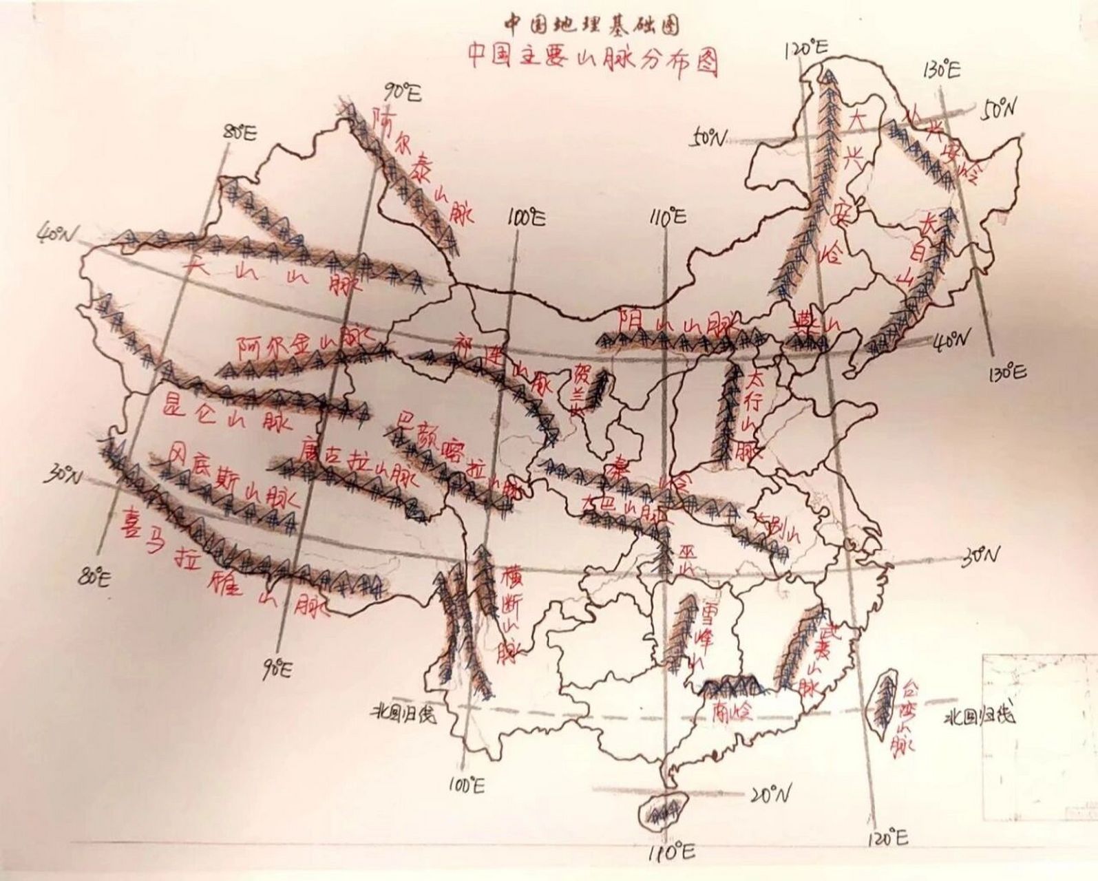 手绘中国山脉走向图图片