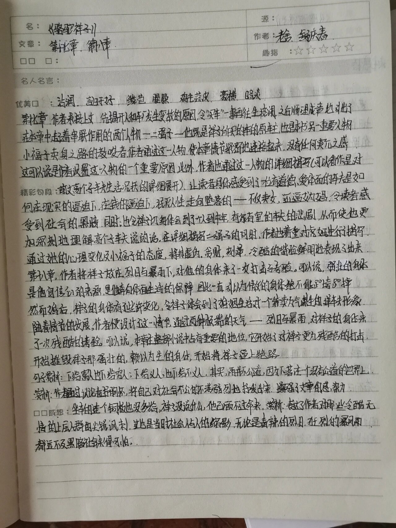 骆驼祥子第一章～第二十章读书笔记 读后感  初一上册