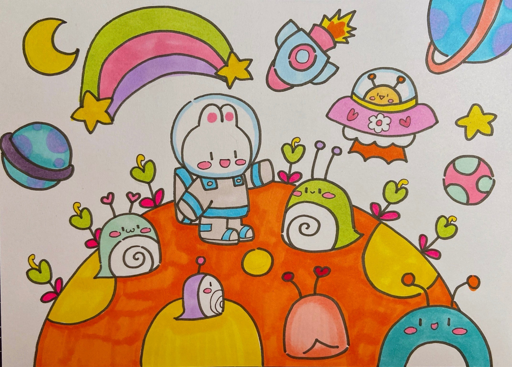 外星人兔子宇航员儿童画飞船飞碟火箭简笔画 美术宝 飞去外太空 课效