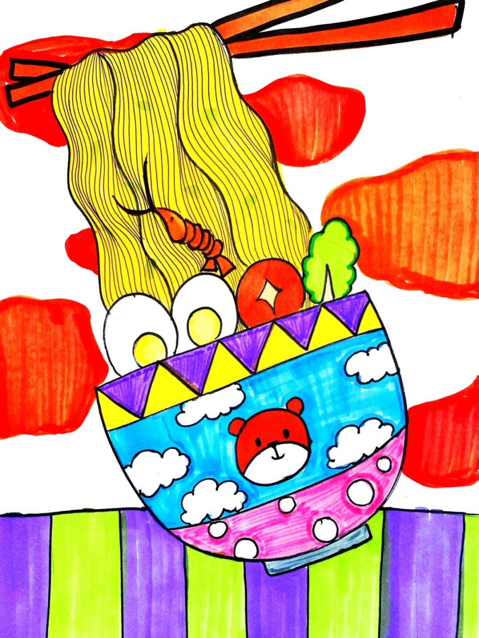 面条儿童画 #卡通画# #马克笔# #儿童画# #创意画# #儿童创意画