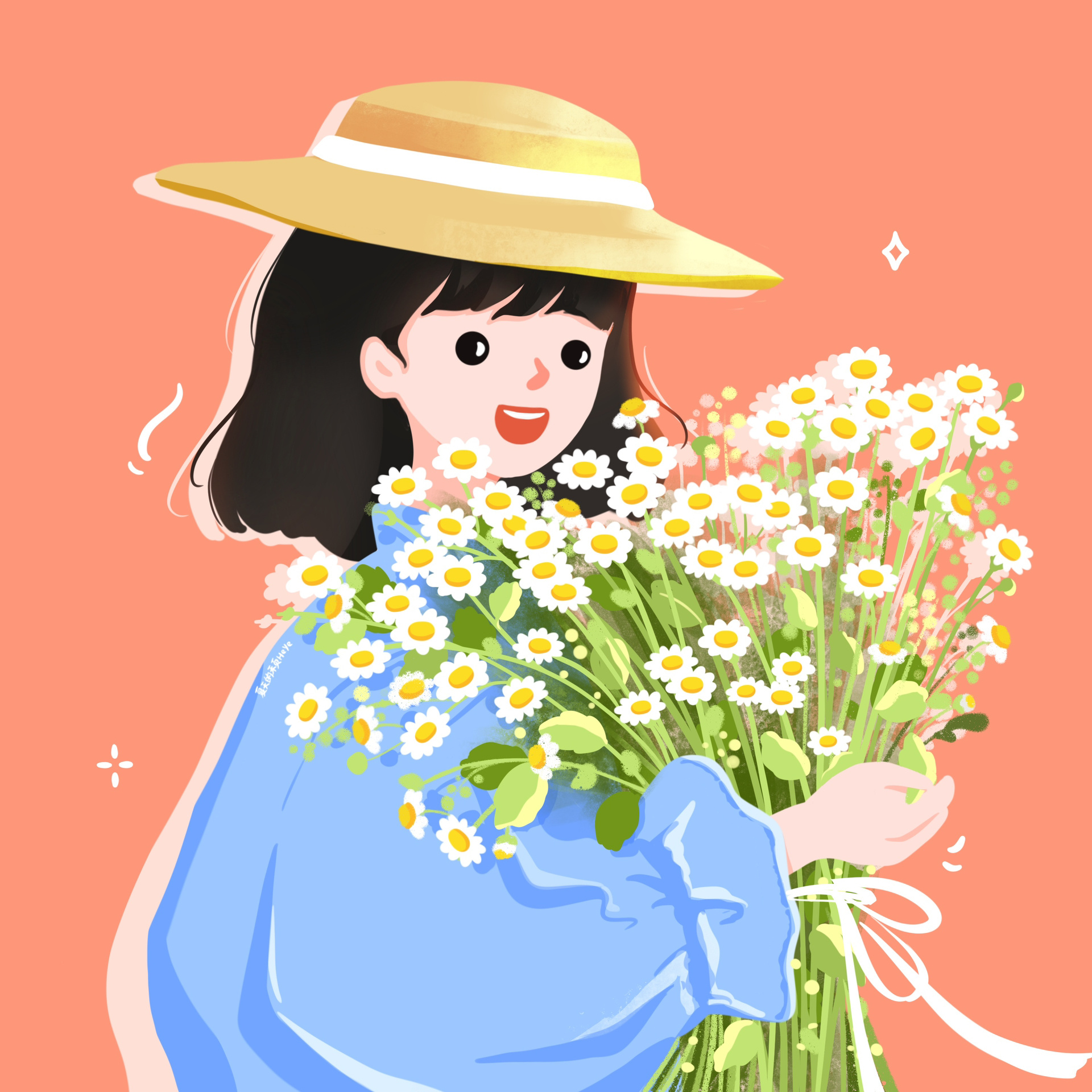 插画头像 | 一枚捧雏菊花的可爱女孩 小小的雏菊花,连成一片灿烂 背景