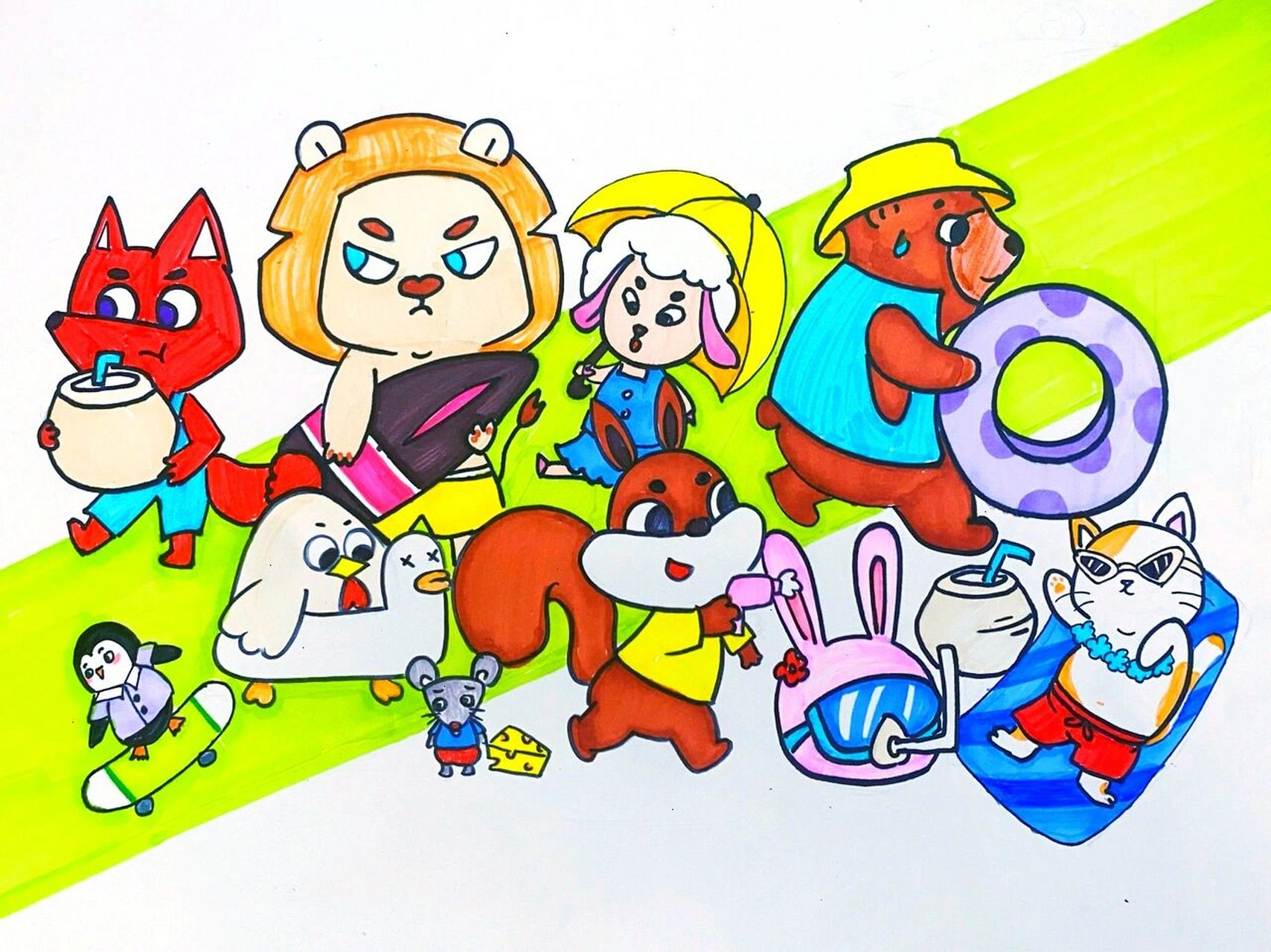 马克笔# #卡通画# #儿童画# #动物画# #动物主题画# #动物场景组合