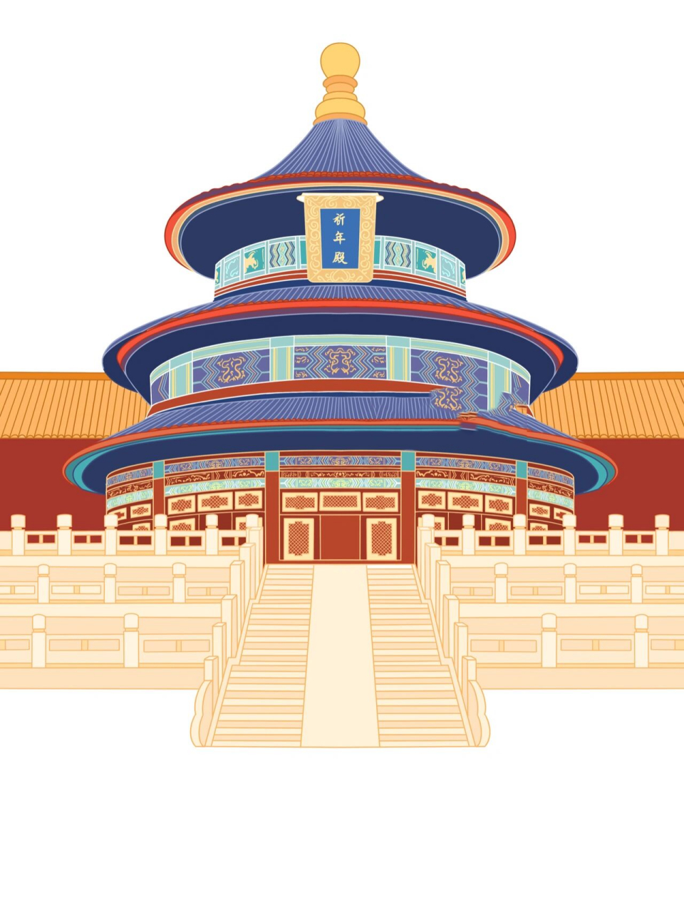 国潮城市插画|北京天坛|国潮风建筑步骤图| 城市系列插画—北京天坛