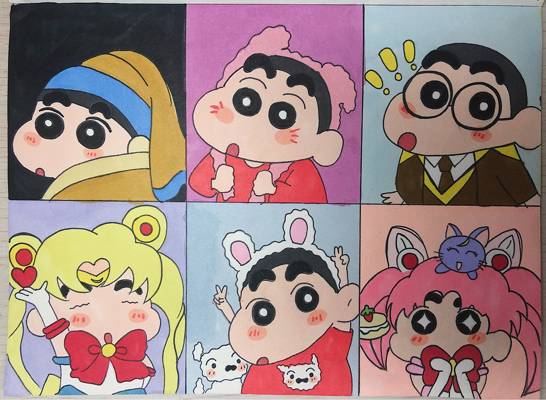 蜡笔小新六宫格马克笔简笔画带过程 最近在做毕业设计 总是写到很晚