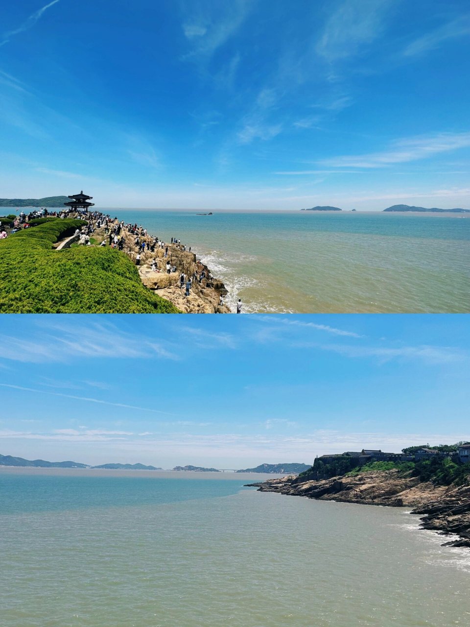 舟山普陀山美照放送,超美的 见到了南海观音,粉蓝渐变的海,茂密且青翠