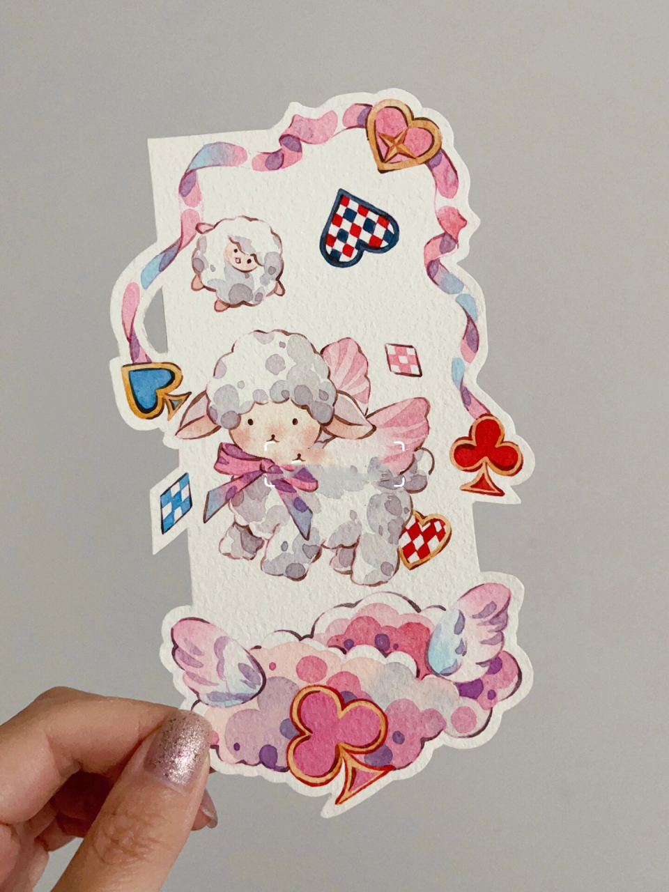 水彩书签～可爱绵小羊(附过程图) 继续把作业画成书签 来自(有课)