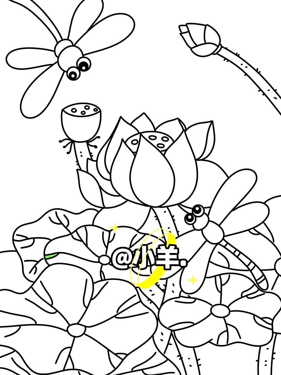 荷花儿童画 荷塘 儿童创意画 带线稿 #创意美术儿童画# #简笔画教程