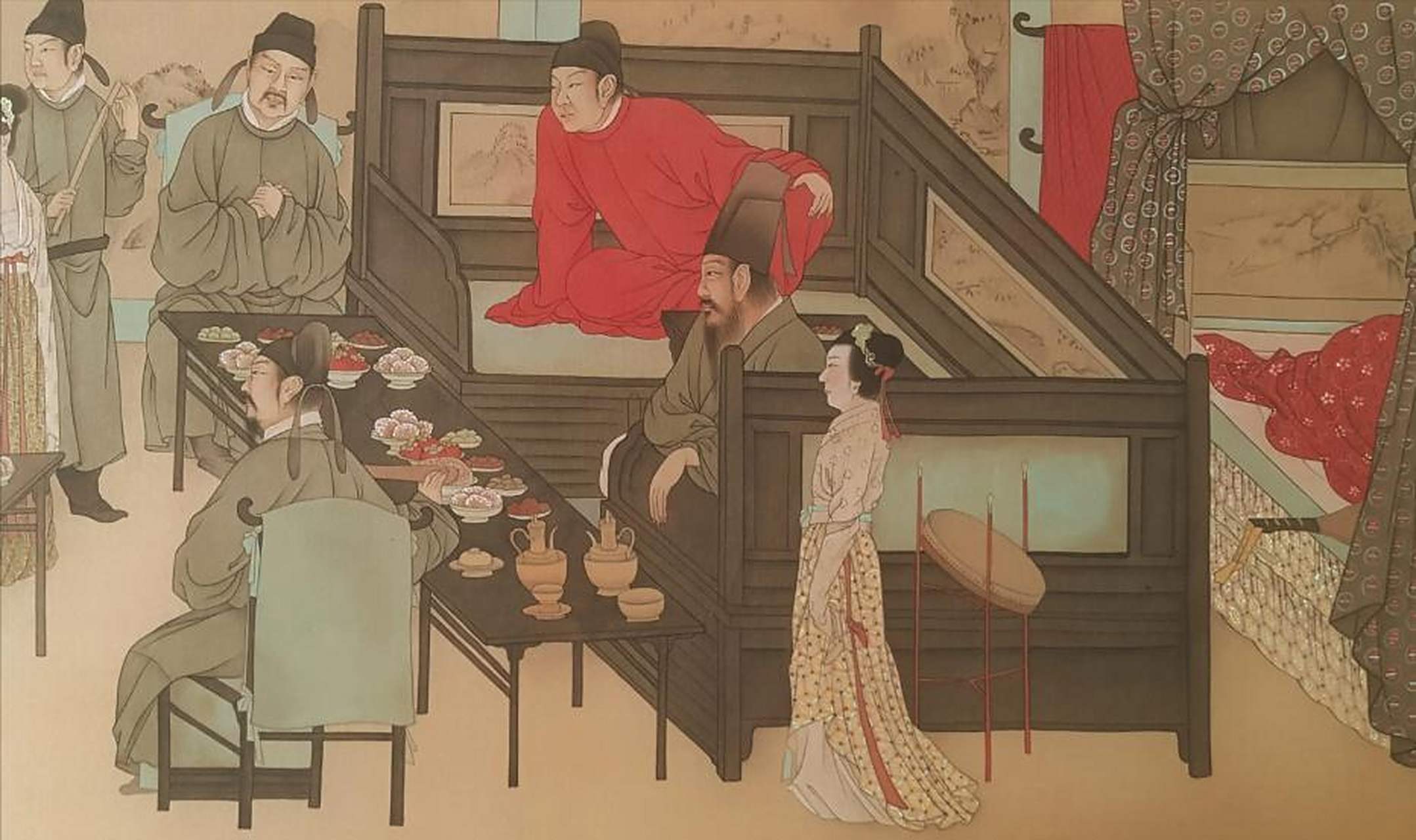 这是我国十大传世名画之一,《韩熙载夜宴图》的局部,画中红衣男子是