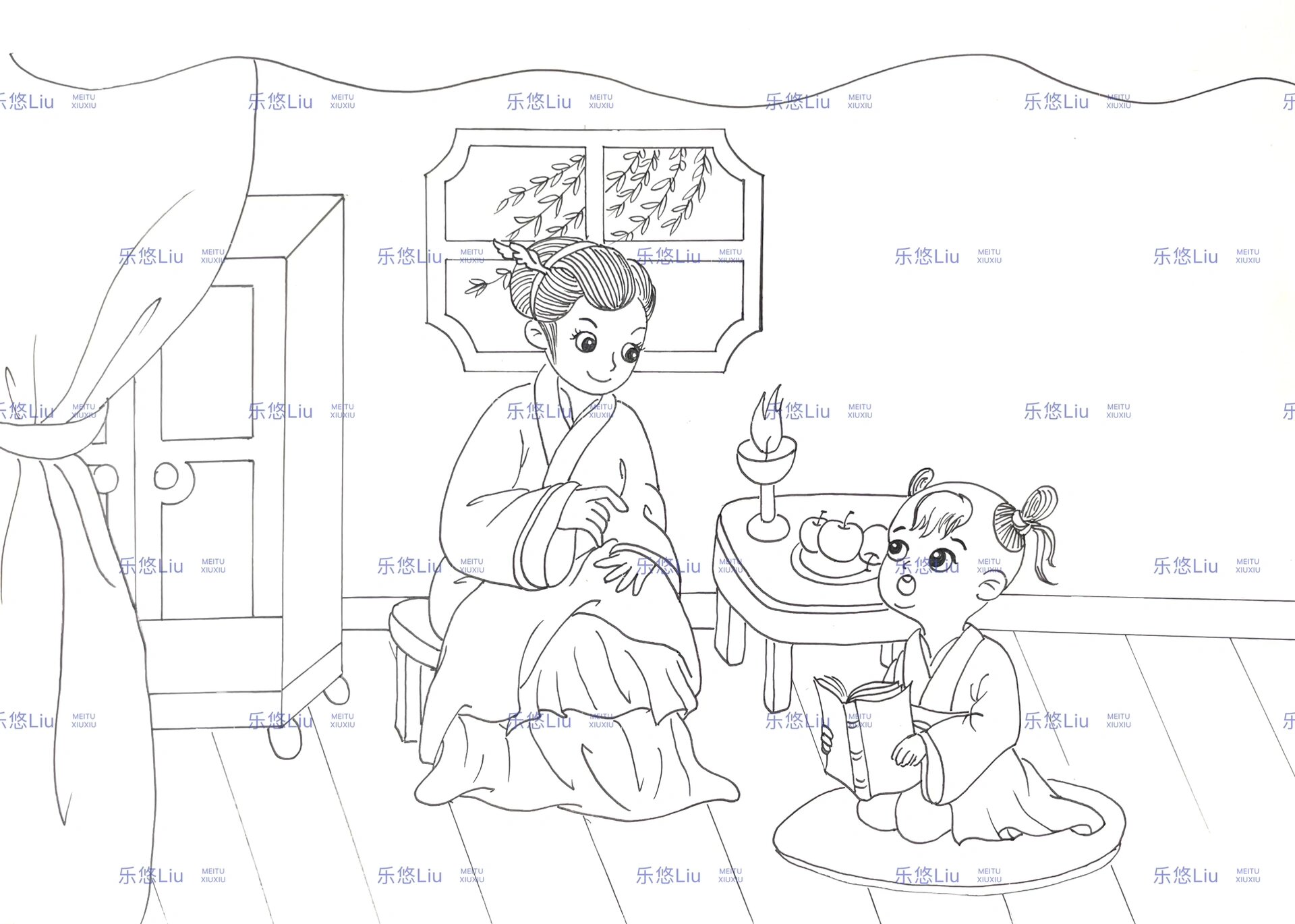 中华传统文化《弟子规》配画(附线稿) #画画的日常# 	 侍奉父母要用心