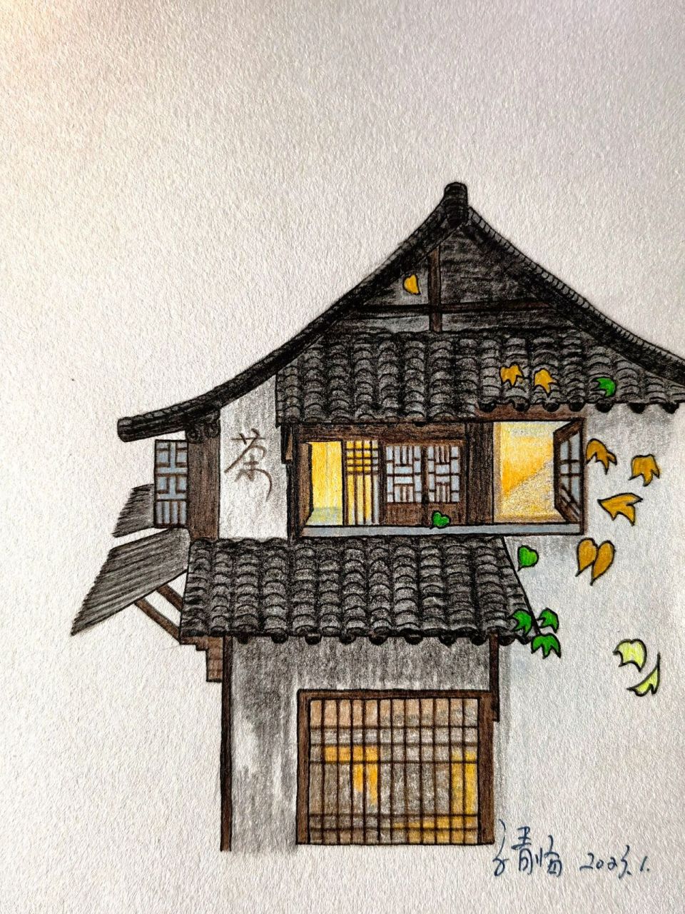 阿泰诗126色油性彩铅和24k普通素描纸 ①屋顶瓦片部分:2011打底,0099