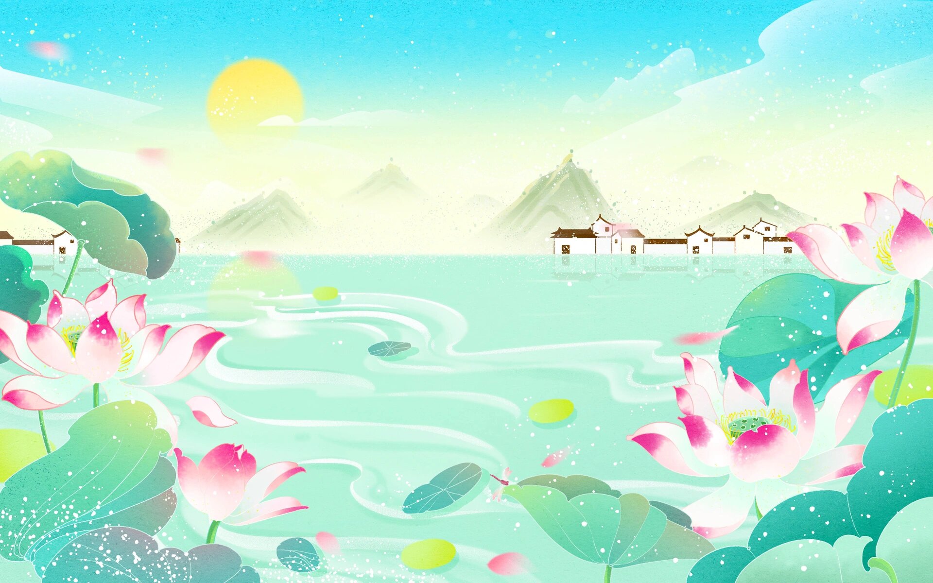 91夏天荷花国潮立夏荷花插画立夏节气psd素材 91彩色卡通手绘工笔