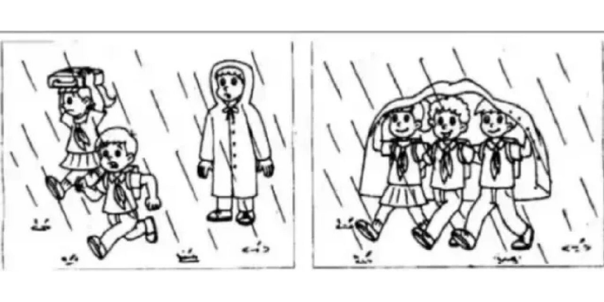 看图写话 雨中三人行 周五下午放学的时候,天空忽然乌云密布,不一会儿