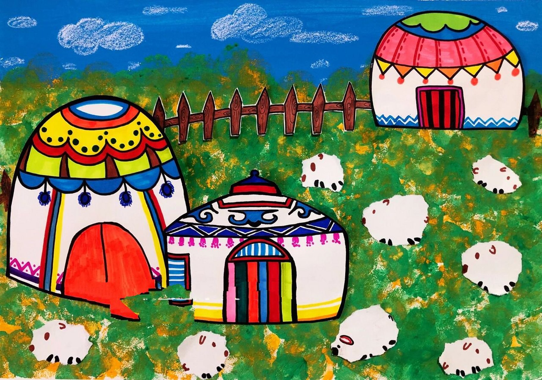 儿童创意画——《大草原中的蒙古包》 【情景描述】 在蓝蓝的天空下