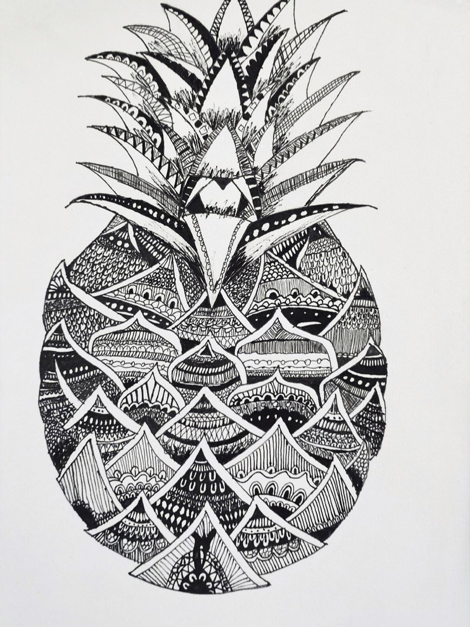 黑白线描 菠萝/凤梨 创意儿童画 六年级小朋友的课堂作品,校本课黑白