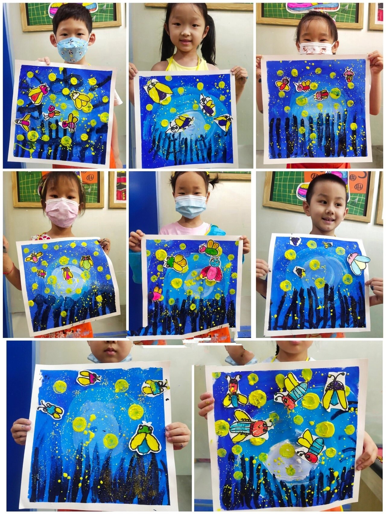 儿童创意美术水粉画《萤火虫之夜