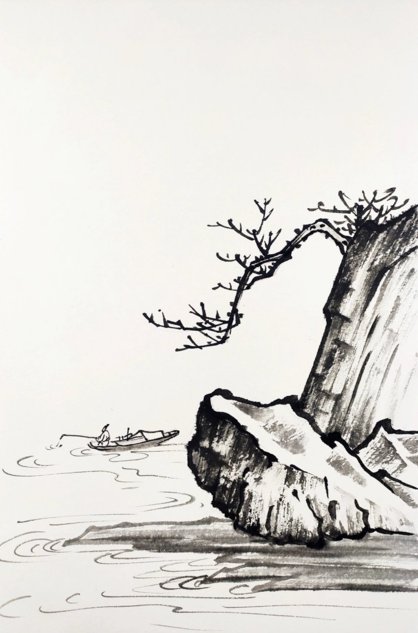 先画出底部石头,墨色稍重,中锋用笔勾出山石轮廓,斧劈皴皴出山石的