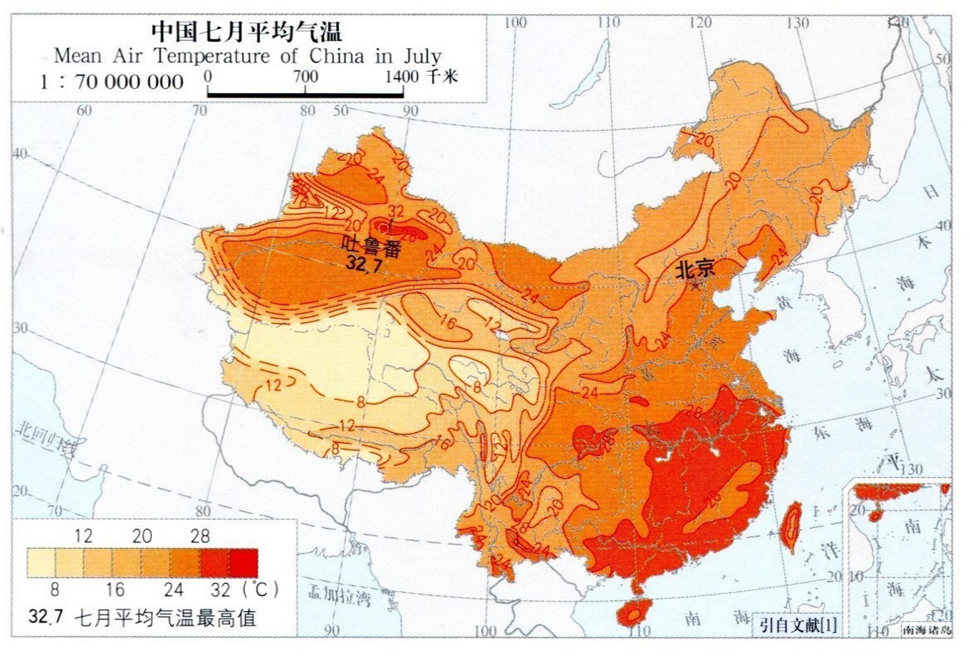 中国7月平均气温分布图