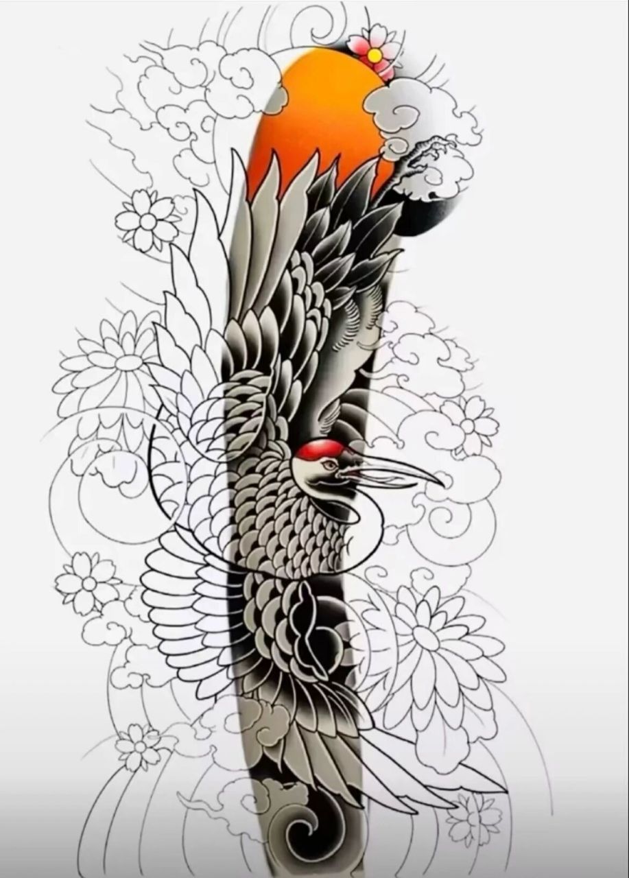 仙鹤纹身手稿线条图片
