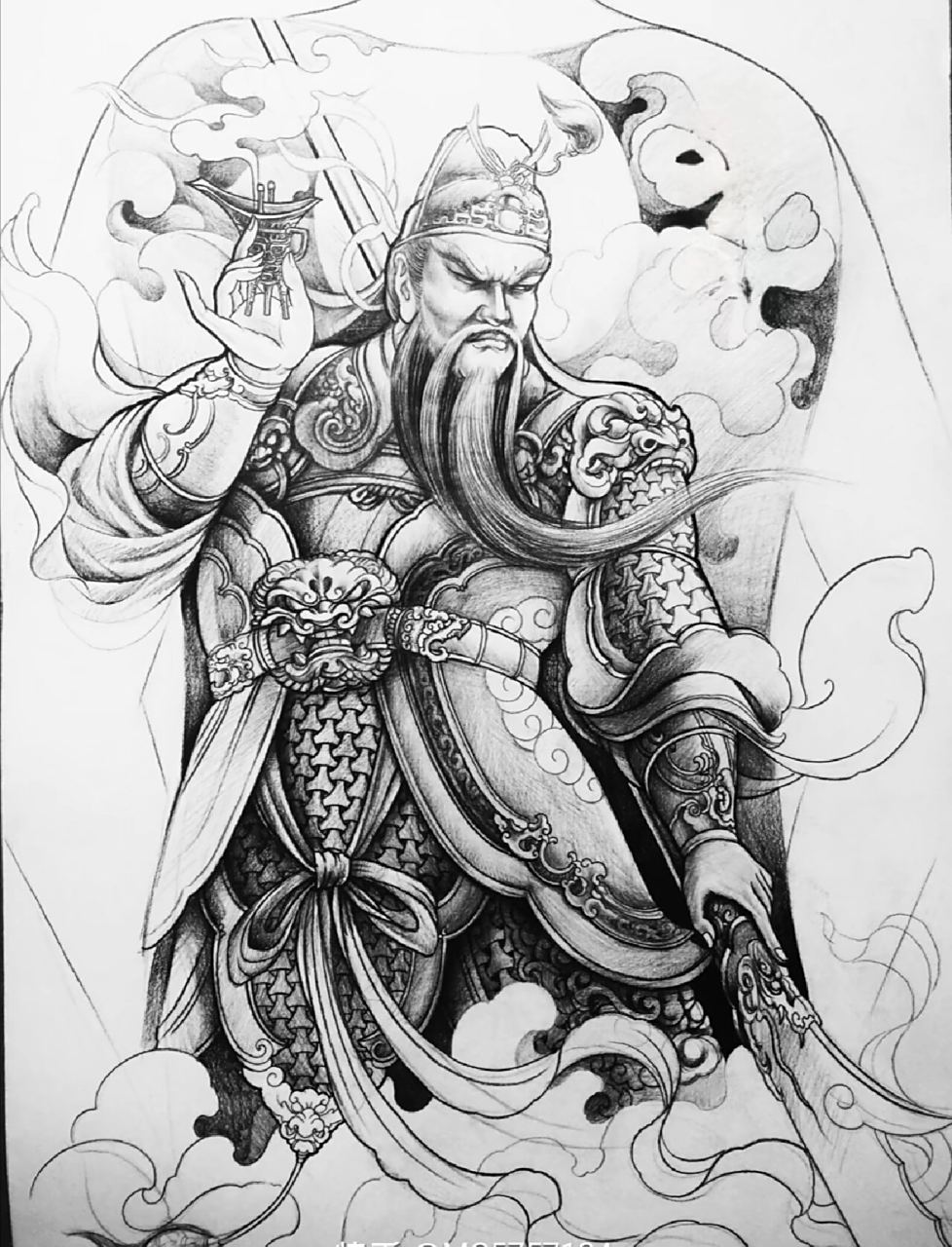 关羽纹身手稿.关公刺青图案.满背纹身素材 来一组关羽纹身图案.