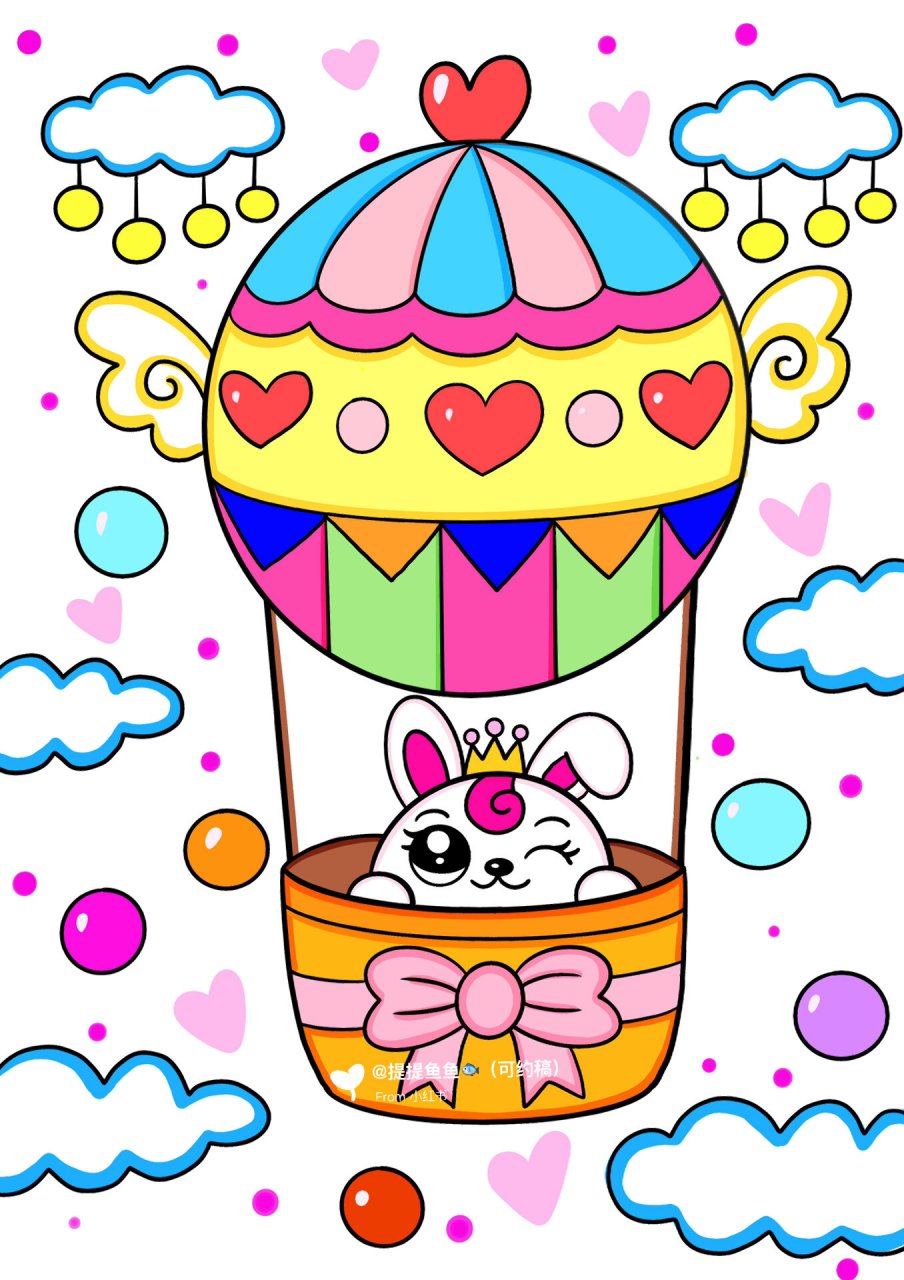 热气球儿童画 高高的气球卡通画 小兔子92 兔子热气球儿童画