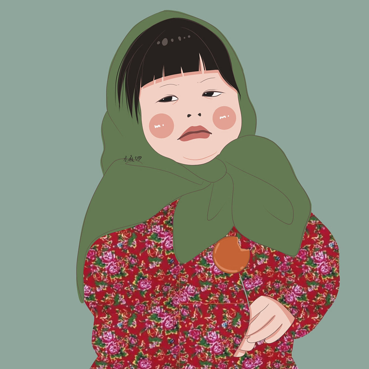 插画 | 头像 | 吃棒棒糖穿东北大花袄小女孩 图片92二改92商用